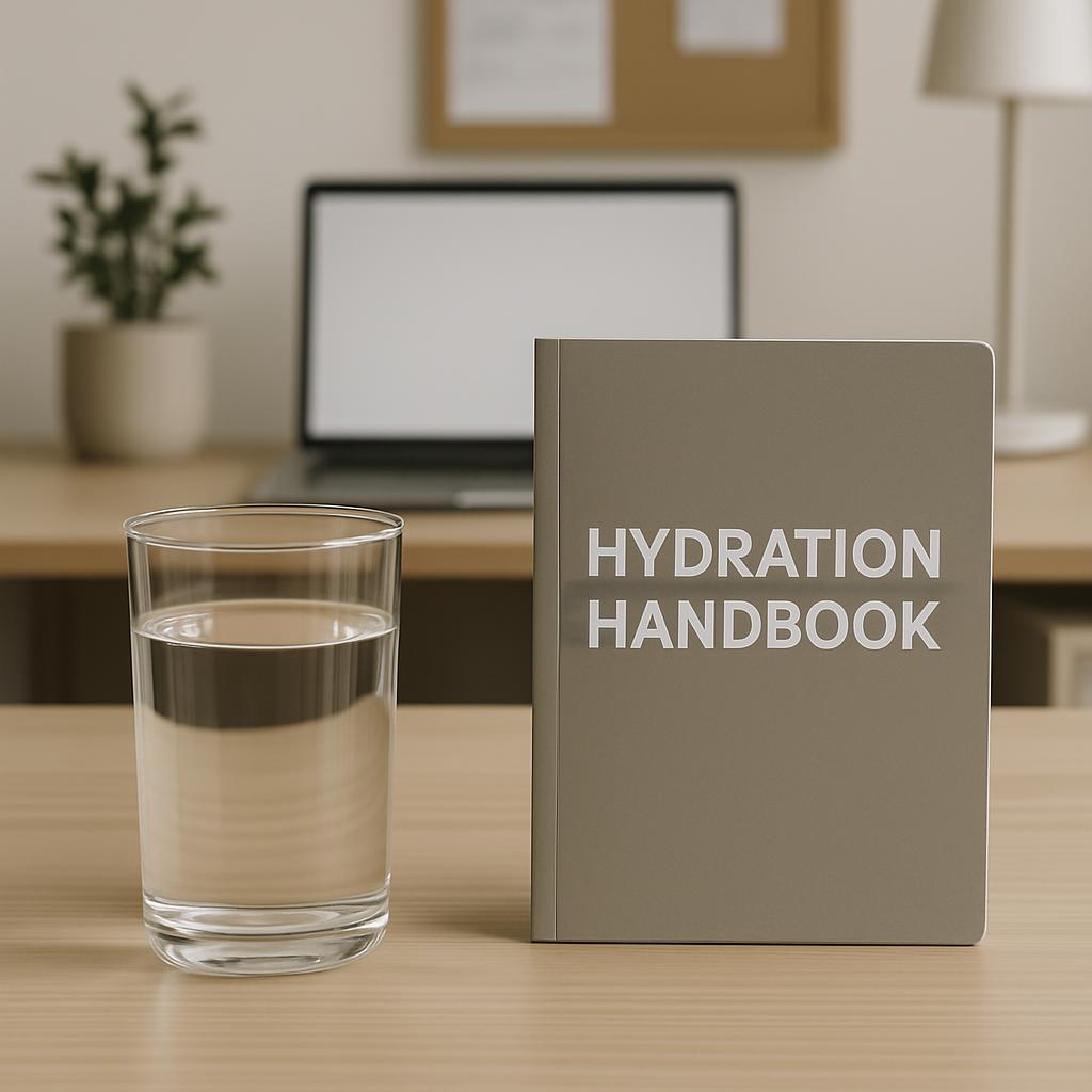 This image features a glass of water, a brown handbook with the title "HYDRATION HANDBOOK" printed on it, a grey laptop on...
