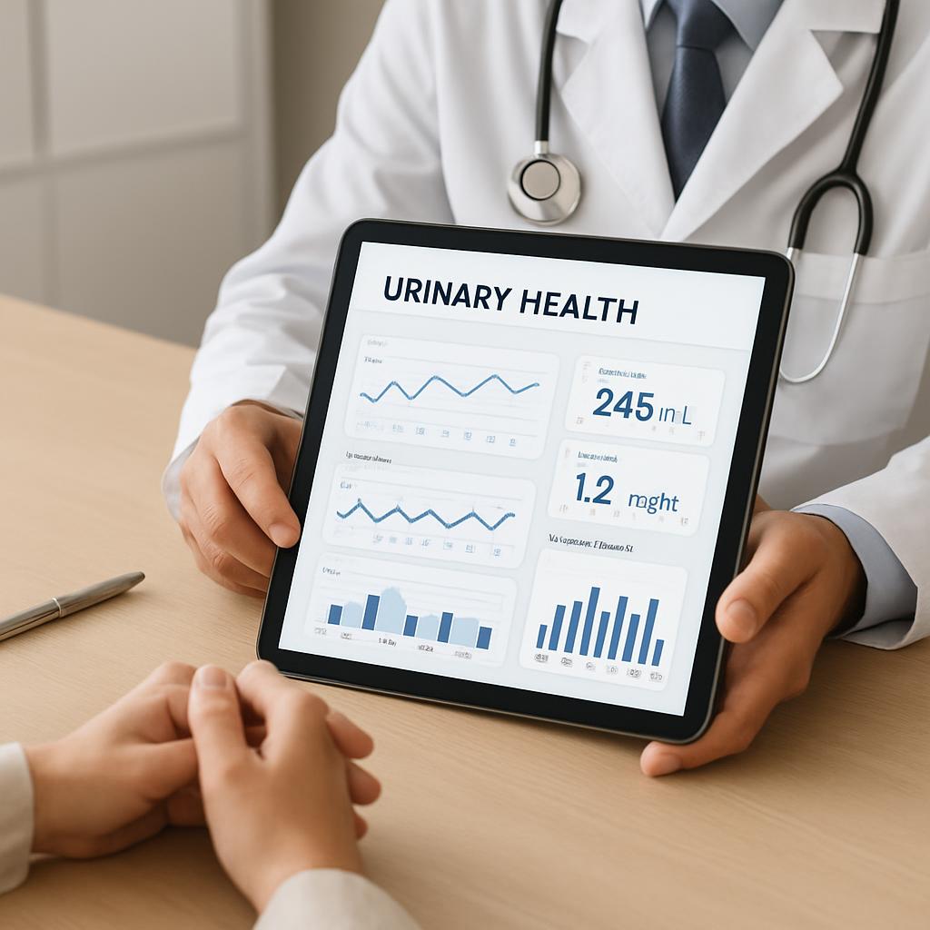Doctor showing urinary health chart on tablet screen.