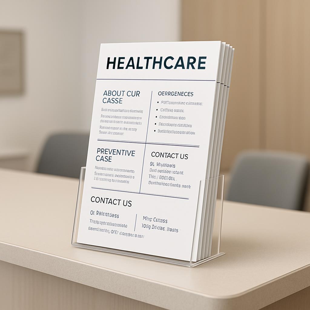 A medical brochure displaying "HEALTHCARE" at the top, contained within a clear plastic pamphlet holder, is placed on a ta...
